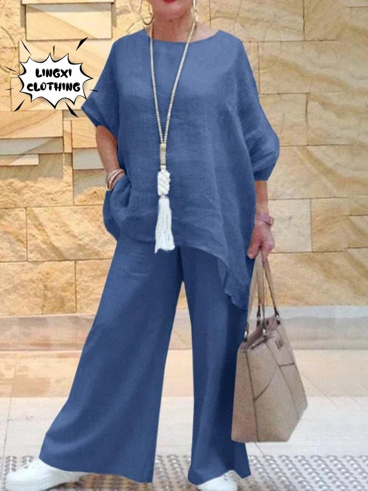 2024 Summer Fashion Cotton Linen Womens Set Large Irregular Shirt High Waist Loose Wide Leg Pants Elegant Two Piece 240315