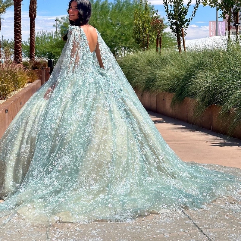 Mint Green Champagne Mexican Quinceanera Dressess With Cape Sequin Applique Beads Tull Corset Party Birthday Lace Up vestido 15 quinceaneras