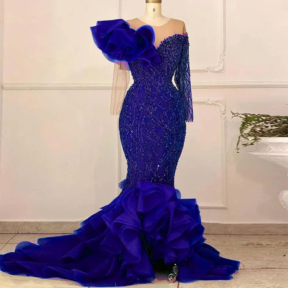 Glitter Aso Ebi Mermaid Prom Dresses Illusion Long Sleeves Ruffle Beaded Royal Blue Bride Reception Dress Tiered Elegant Arabic Formal Evening Gowns F
