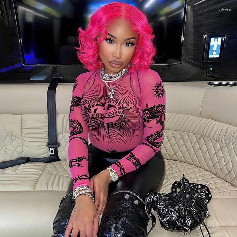 Women's T Shirts Mesh Sheer Cut Out Long Sleeve Tops For Women Graphic Seethrough One Piece