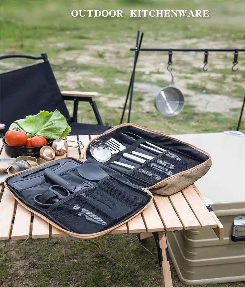 Outdoor Camping Kitchenware 8Piece Set Comes with A Full of Thickened Cookware Storage Kit Cutlery Supplies Tools 240306