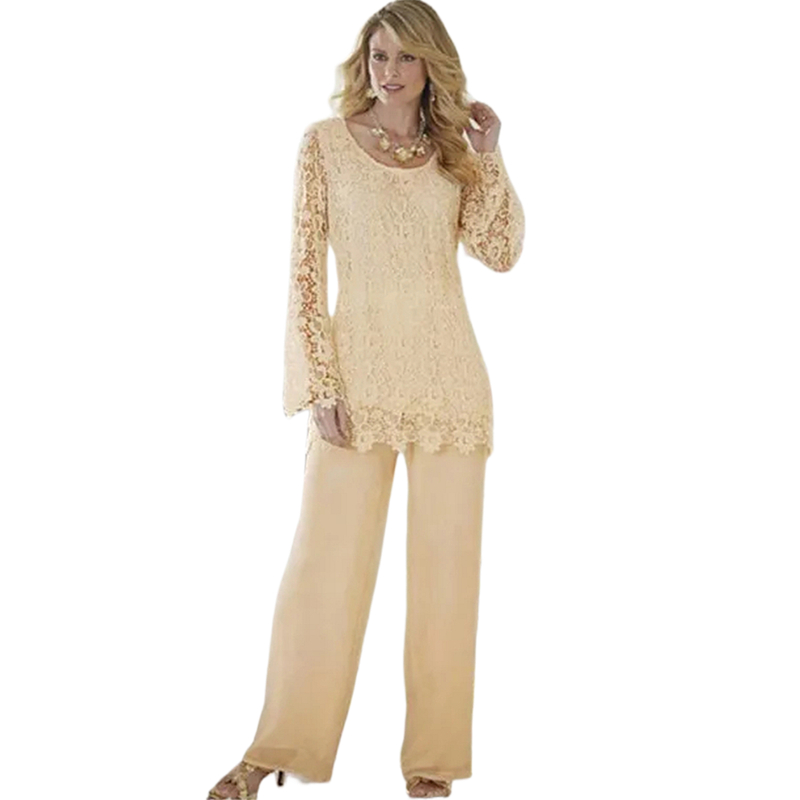 Two Pieces Mother Of The Bride Pants Suits Lace Long Sleeves Crew Neck Chiffon Country Wedding Guest Wear Elegant Groom Mom Prom Evening Dresses Forma
