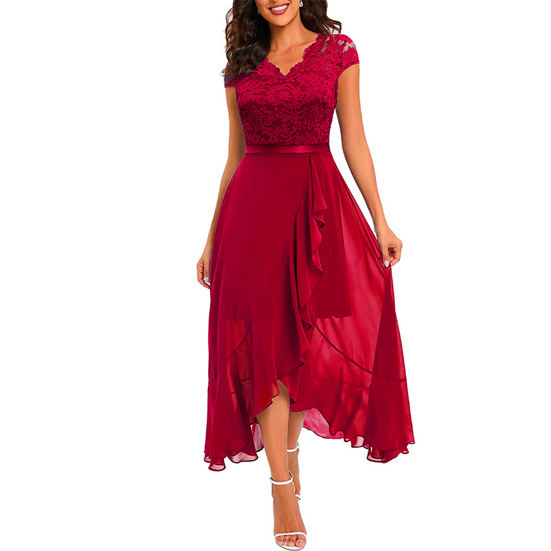 Women V-Neck Casual Dresses Wedding Guest Hi-Lo Floral Lace Prom Cocktail Party A-Line Formal Bridesmaid Dress