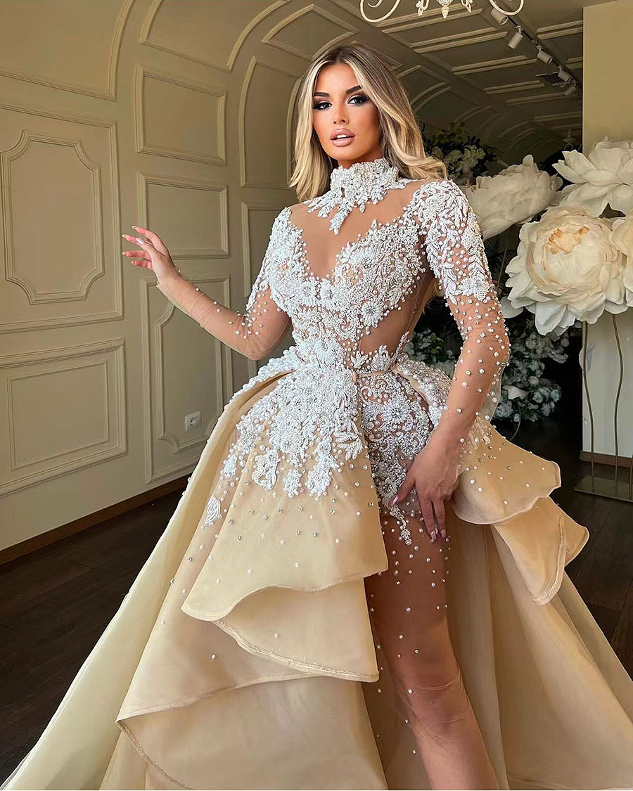 Pieces Mermaid Two Champagne Weddind Dresses Long Sleeves Lace Tired Train Plus Size Bridal Gowns Robe De Marriee 326