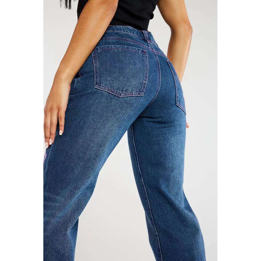 2024 New Personalized Street Letter Print Mid Waist Casual Straight Leg Jeans