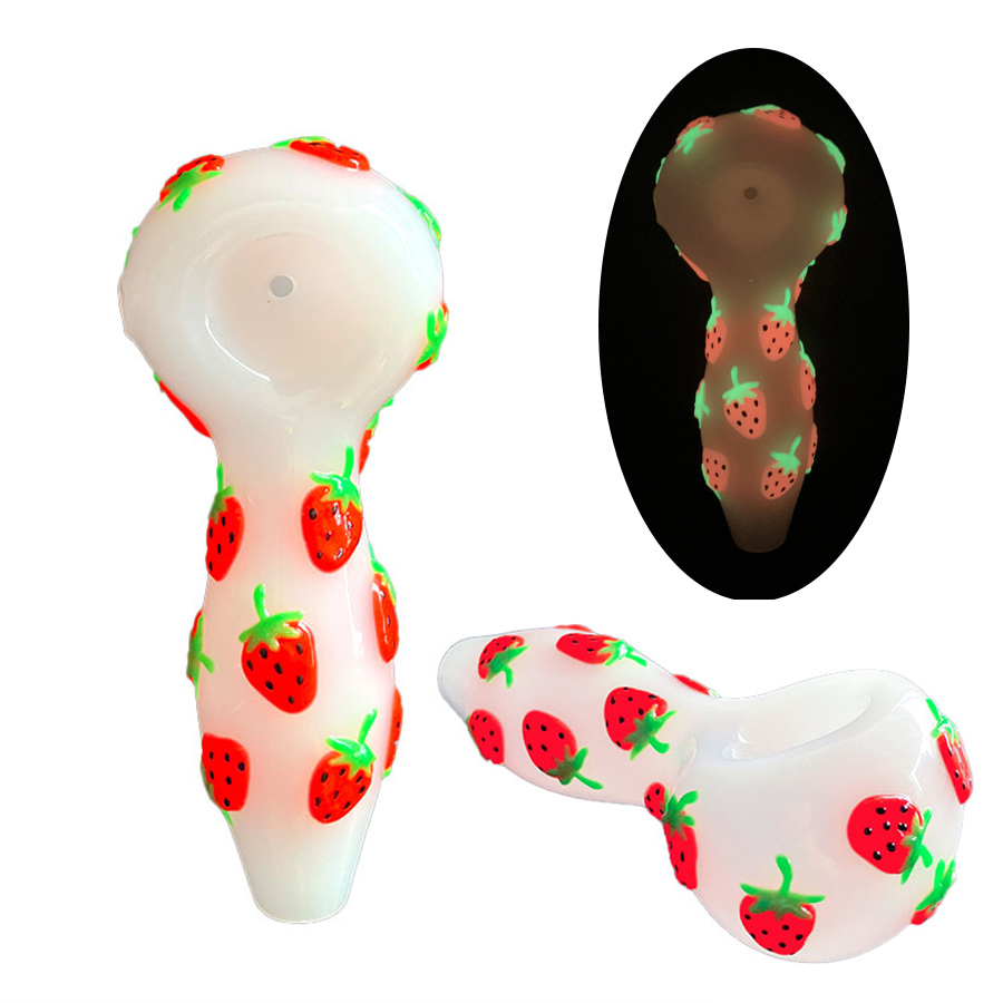 1pc,4in Colorful Hand Drawn Glass Water Pipe,Cute Strawberry Pattern With Glow In Dark,White Jade Pipe,Borosilicate Glass Bong,Glass Hookah,Smoking Ac