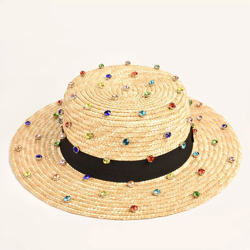 Natural wheat straw handmade diamond sewing decoration jazz hat outdoor travel beach 240311