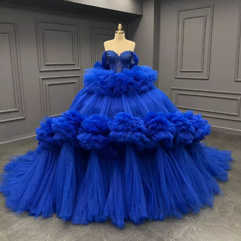 Royal Blue Quinceanera Dresses Off The Shoulder Lace Beads Tull Tiered Sweet 16 Dress Birthday Party Gown Vestido De vx 15 Anos