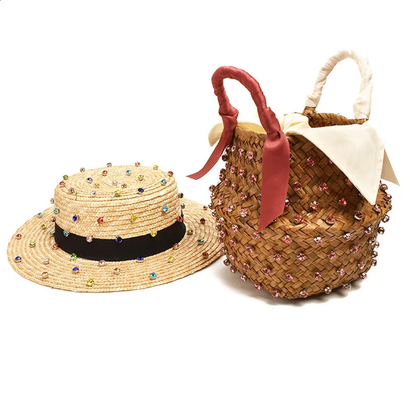 Natural wheat straw handmade diamond sewing decoration jazz hat outdoor travel beach 240311