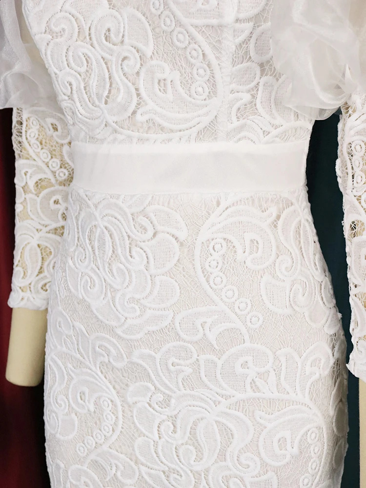 AOMEI Lace Dress Bodycon Women Midi Puffy Long Sleeve Retro Elegant Summer Party Birthday Wedding Bridesmaid Outfits Event Gown 240313