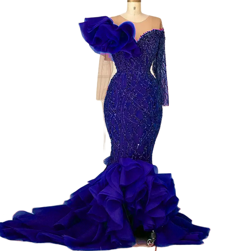 Glitter Aso Ebi Mermaid Prom Dresses Illusion Long Sleeves Ruffle Beaded Royal Blue Bride Reception Dress Tiered Elegant Arabic Formal Evening Gowns F
