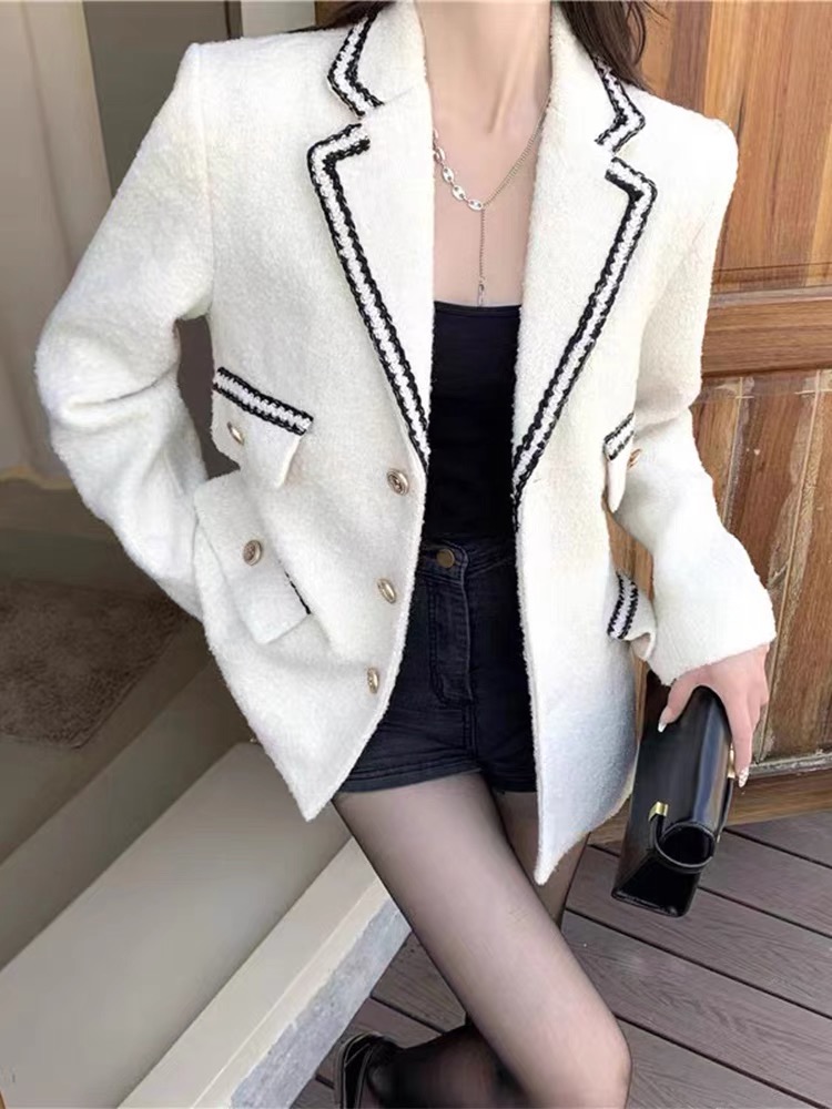 2024 autumn new san dro woven edge white single breasted coarse tweed suit women's jacket spring style