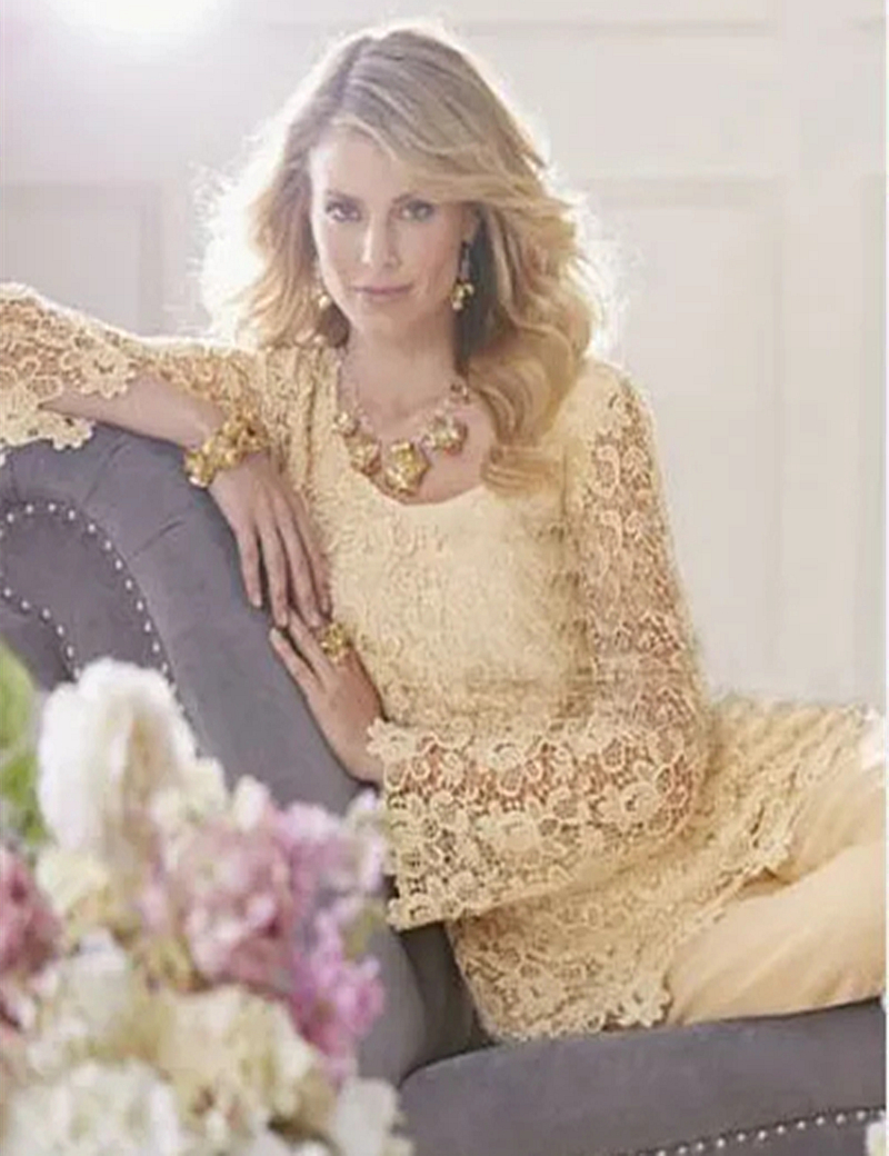 Two Pieces Mother Of The Bride Pants Suits Lace Long Sleeves Crew Neck Chiffon Country Wedding Guest Wear Elegant Groom Mom Prom Evening Dresses Forma