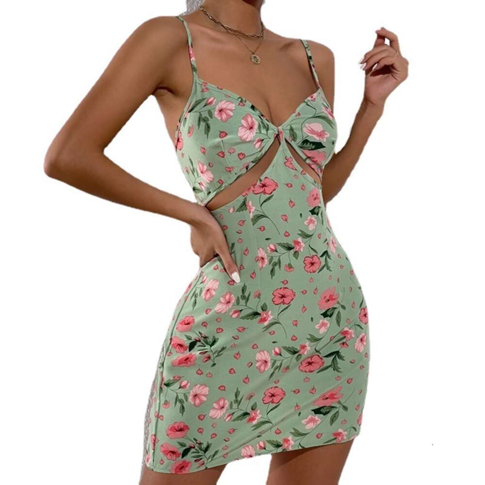 Summer Temperament Commuting Print Patchwork Wrapped Chest Sexy Hollow Strap Floral Dress for Women 9243