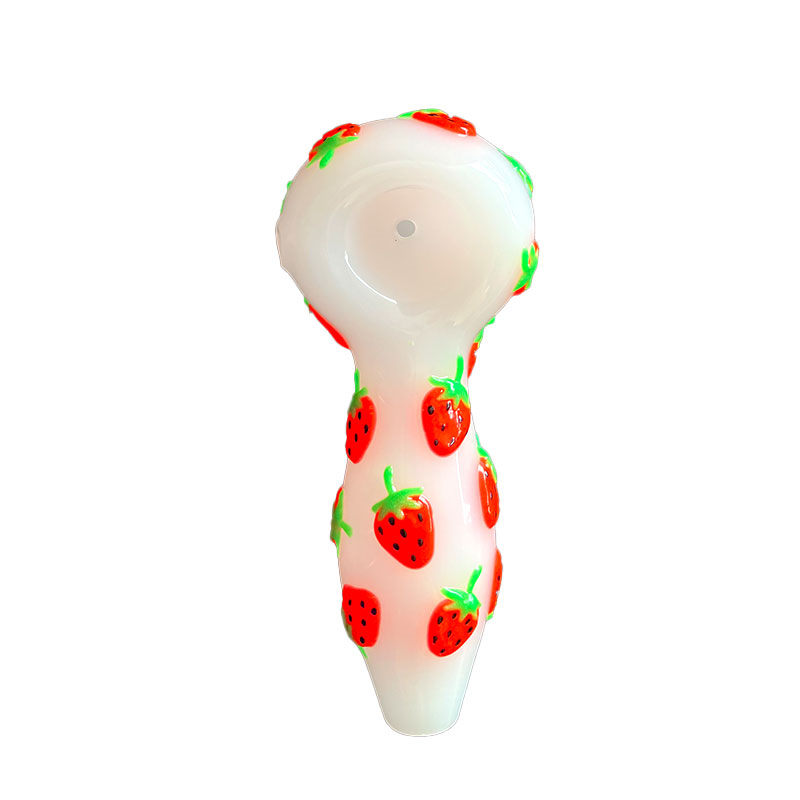 1pc,4in Colorful Hand Drawn Glass Water Pipe,Cute Strawberry Pattern With Glow In Dark,White Jade Pipe,Borosilicate Glass Bong,Glass Hookah,Smoking Ac