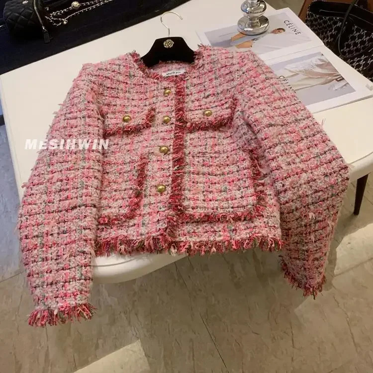 Autumn Winter Women French Casual Single Breasted Coats Female Oneck Tweed Jackets Ladies Loose Warm Overcoats R664 240307