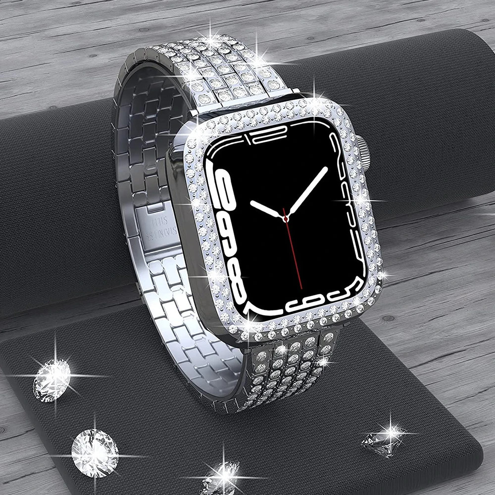 Womens Diamond Case Strap for Watch Band 7 6 41mm 45mm 38/42/40/44mm Metal Bracelet for iWatch Series SE 3 Jewelry Cover 240311