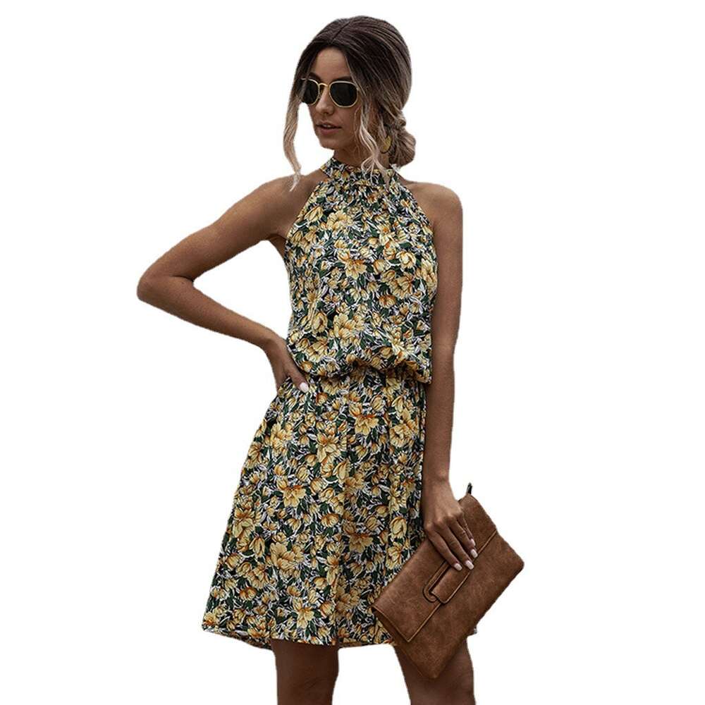 Wind Off Shoulder Sexy Hanging Neck Floral Cotton Printed Dress