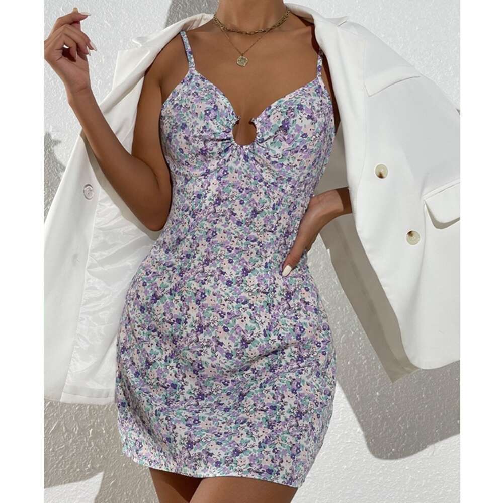 Summer Camisole Wrapped Chest, Backless Slim Fit, Commuting Floral Dress for Women 9208