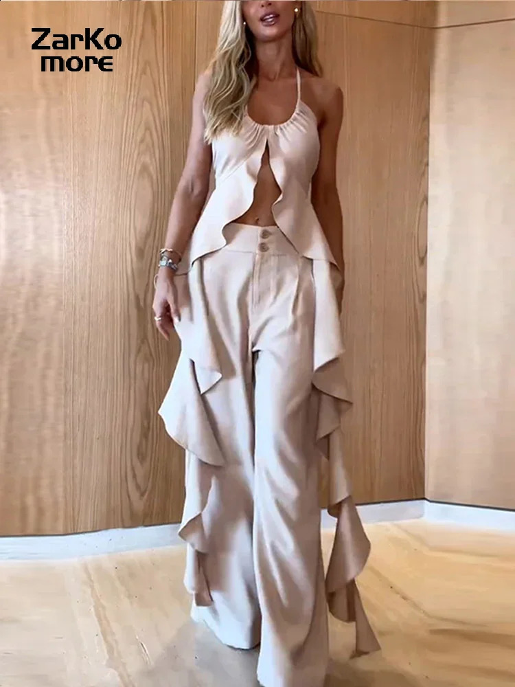Camisole Ruffle Womens 2 Piece Set Sleeveless Backless LaceUp Top WideLeg Pants 2024 Spring Summer Fashion Lady Suit 240315