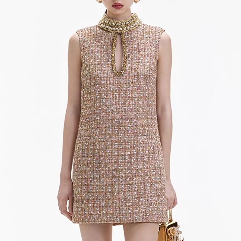 Fashionable and minimalist m-iu - Grey diamond studded sleeveless dress with a design feel, coarse tweed loose A-line skirt, 2024 autumn new tank top 