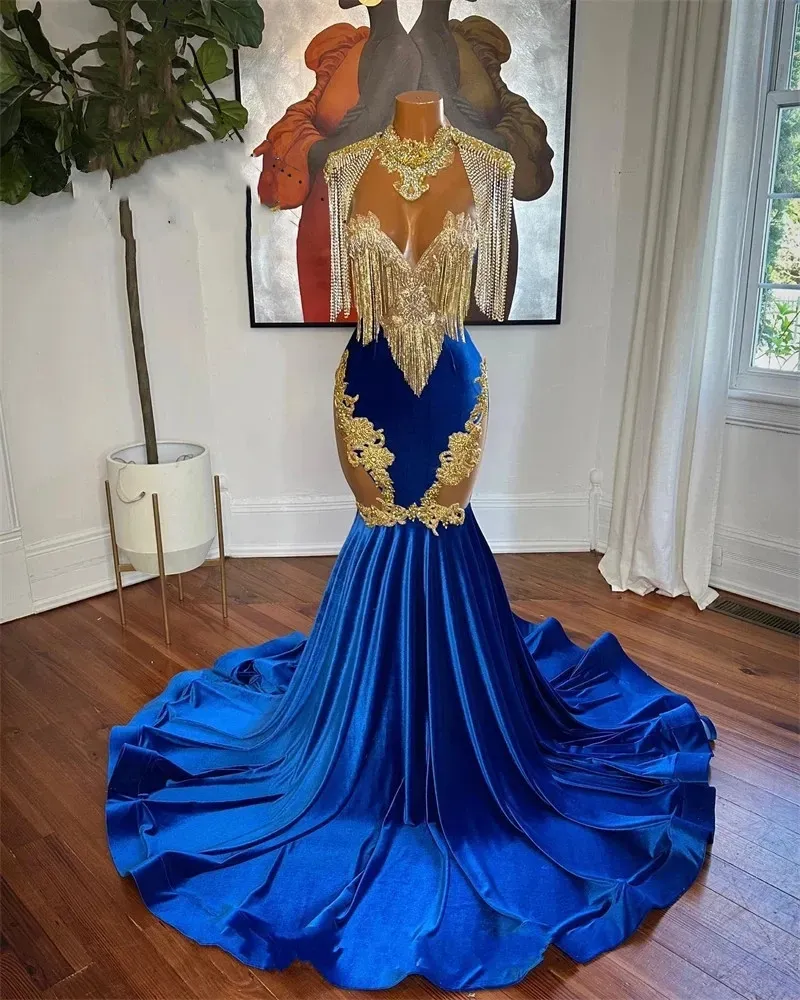 Sexy High Neck Long Prom Dress For Black Girls Tassel Royal Blue Appliques Backless Birthday Party Evening Gowns Robe De 0914