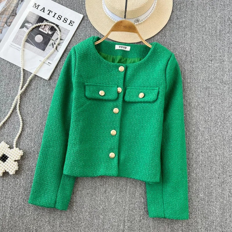 Autumn Winter French Woolen Tweed Short Jacket Womens Chic Golden Buttons Long Sleeve Coat Female Single Breasted Top Outwear 240307