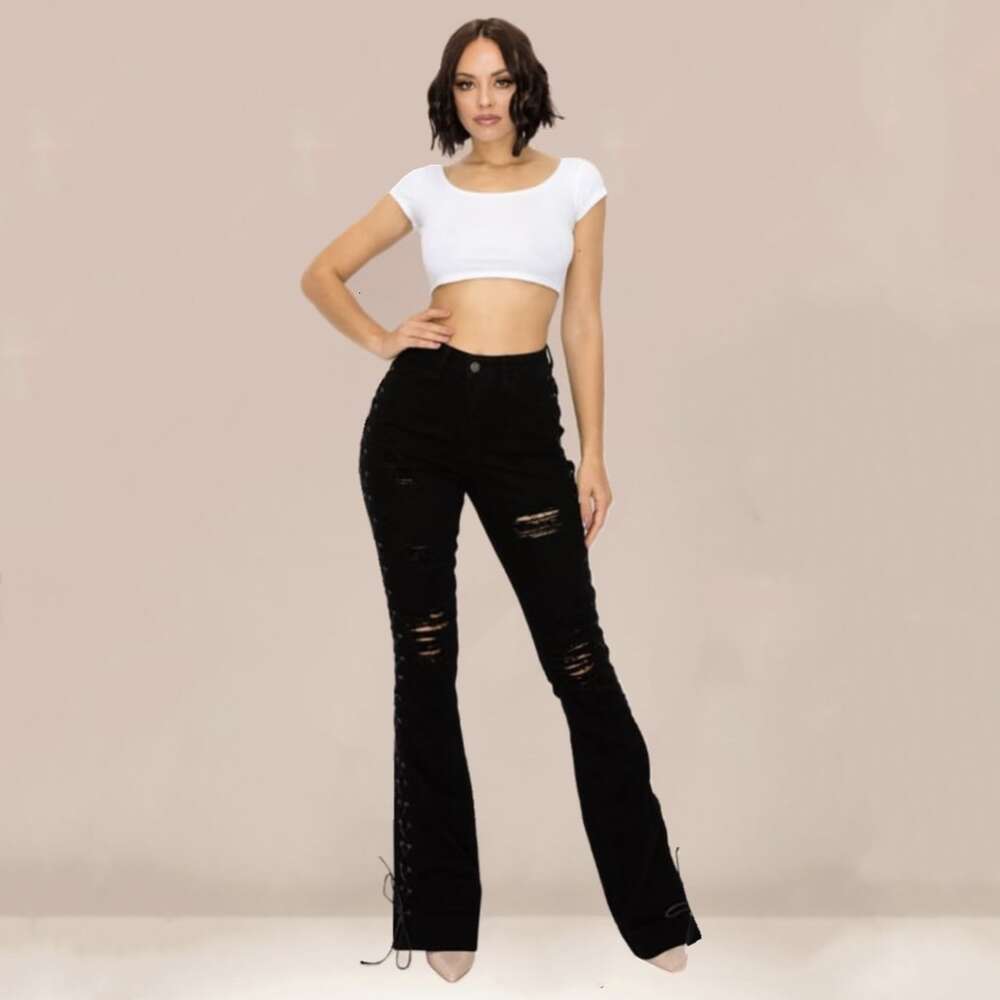 2024 Spring and Autumn New Hot Selling Elastic Micro Horn Jeans Women's Wide Leg Lace Long Pants
