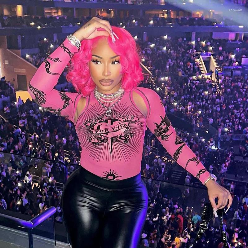 Women's T Shirts Mesh Sheer Cut Out Long Sleeve Tops For Women Graphic Seethrough One Piece