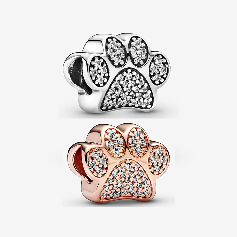 Sparkling Paw Print Charm 100% 925 Sterling Silver Luxurious Charm Women Snake Chain Bracelet Jewelry Making Components Rose Gold charms with Retail Box