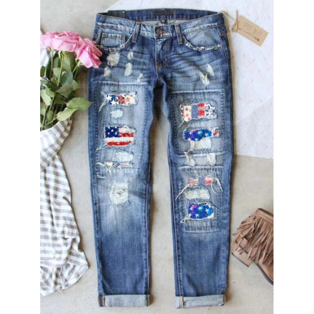 2024 New Summer Street Trendsetter American Independence Day Flag Denim Ripped Pants