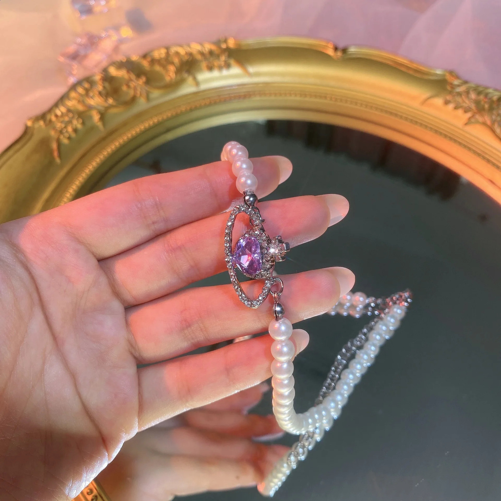 SHANGZHIHUA Korean Fashion Purple Heart Crystal Stud Necklace For Women Elegant Planet Pendant Jewelry Gifts 240313