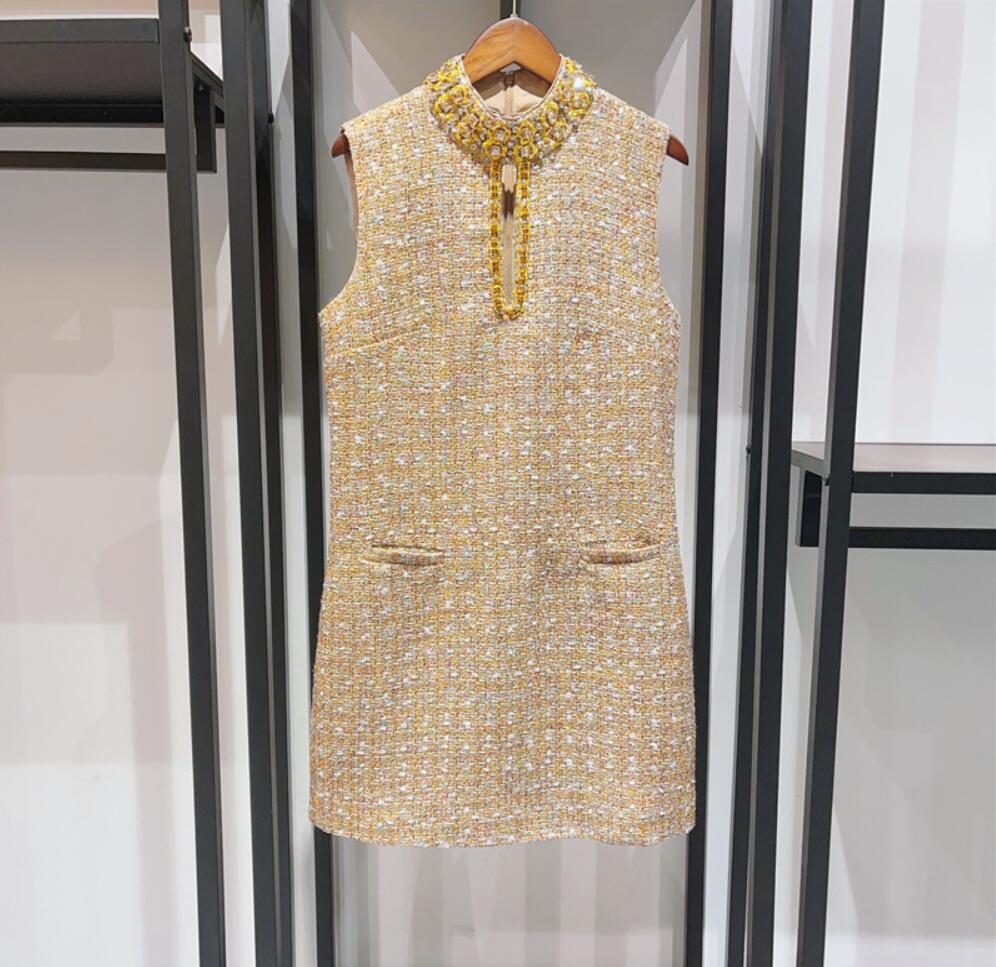 Fashionable and minimalist m-iu - Grey diamond studded sleeveless dress with a design feel, coarse tweed loose A-line skirt, 2024 autumn new tank top 