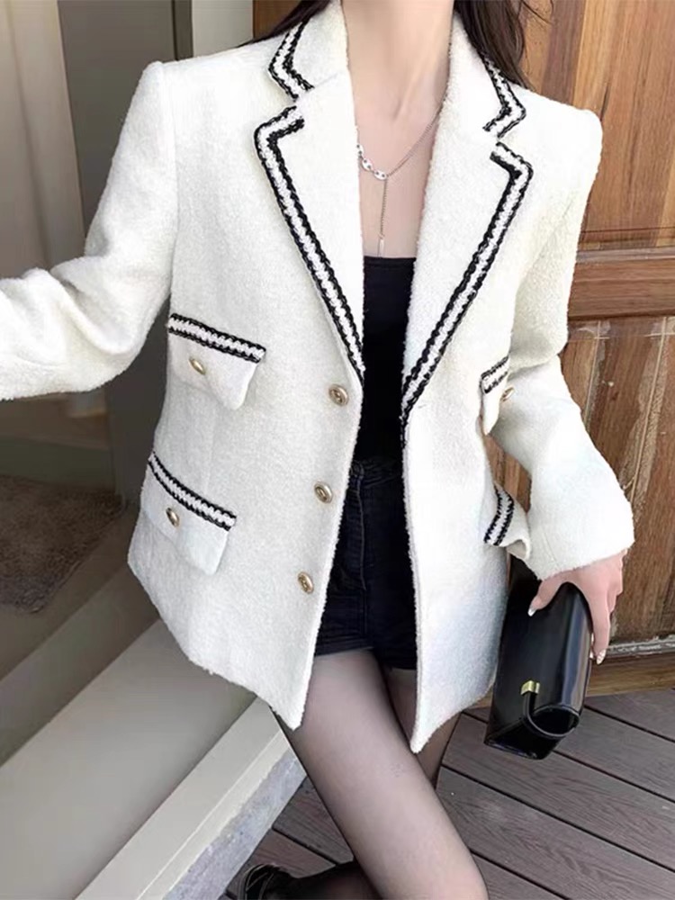 2024 autumn new san dro woven edge white single breasted coarse tweed suit women's jacket spring style