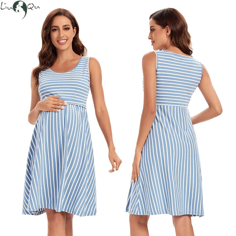 Nursing Dress Striped Baby Shower Breastfeeding Pregnancy Elegant Sleeveless Premama Pregnant Dresses Vestido Robe Femme 240309