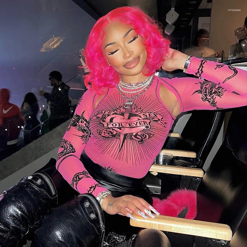 Women's T Shirts Mesh Sheer Cut Out Long Sleeve Tops For Women Graphic Seethrough One Piece