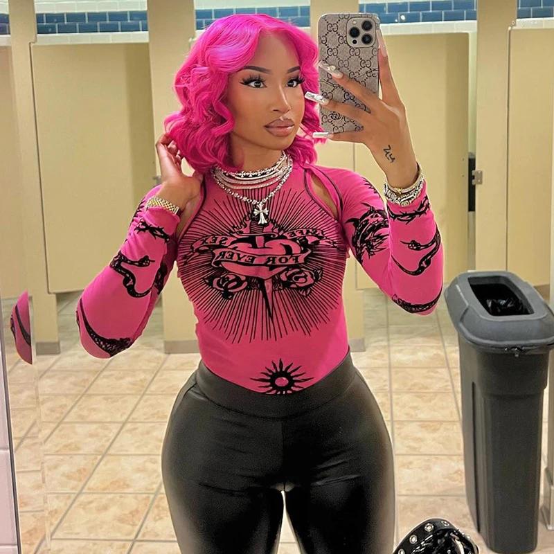 Women's T Shirts Mesh Sheer Cut Out Long Sleeve Tops For Women Graphic Seethrough One Piece