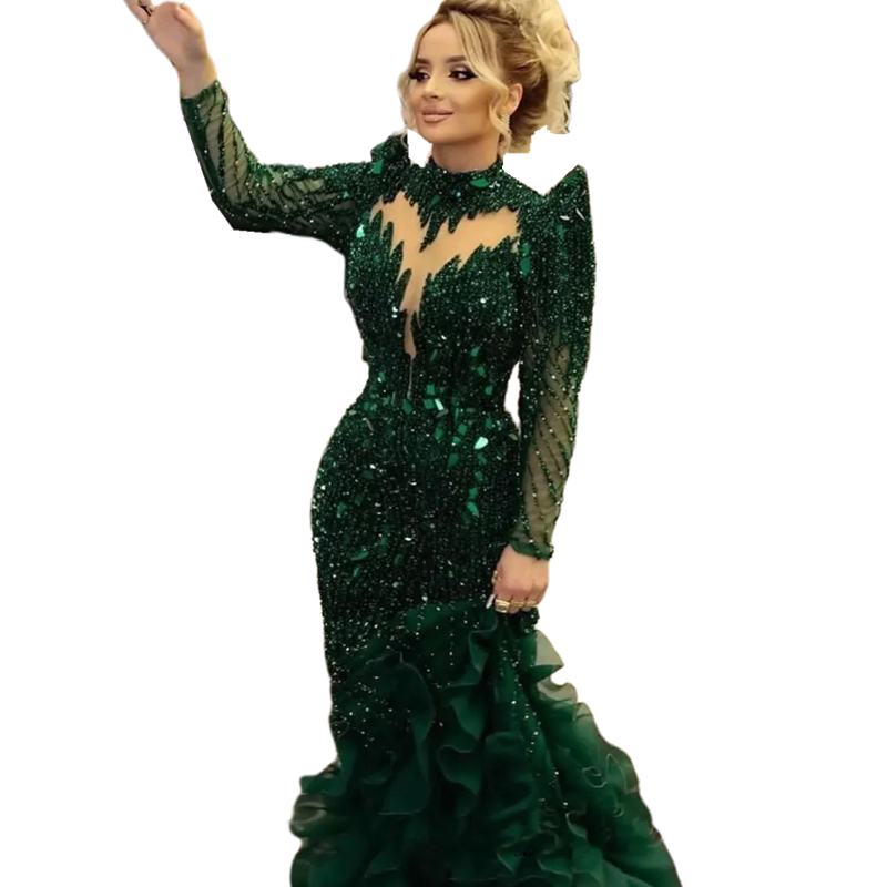 Luxury Green Beaded Mermaid Prom Dresses Long Sleeves High Neck Glitter Evening Gowns for Women Ruffles Sweep Train Elegant Reception Dress Special Oc