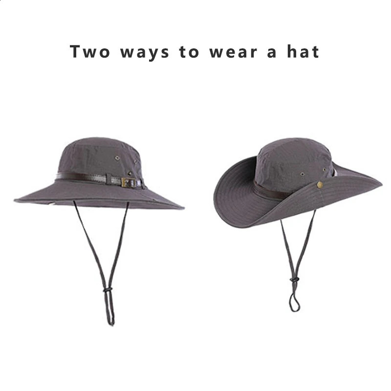 Summer Men Bucket Hat Belt Decorate Breathable 9cm Large Brim Sun Outdoor Sport Hiking Fishing Cap AntiUV Male Panama Caps 240311