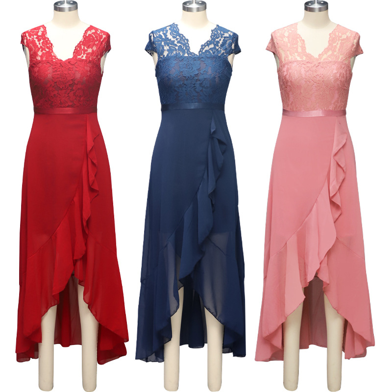 Women V-Neck Casual Dresses Wedding Guest Hi-Lo Floral Lace Prom Cocktail Party A-Line Formal Bridesmaid Dress