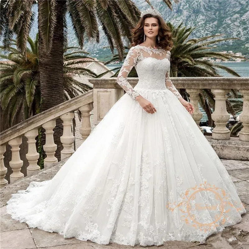 Ful Lace A E Dresses Sheer Long Sleeves Tulle Appliques Bridal Wedding Gowns With Corset Back Robes Bc18321 6660305