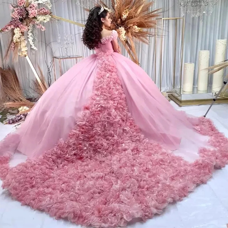 2024 Pink Quinceanera Dress Floral Applique Volume Girls Brithday Wear Sweet 16 Dress Vestidos De 15 Anos Debutante Gown Prom Dresses