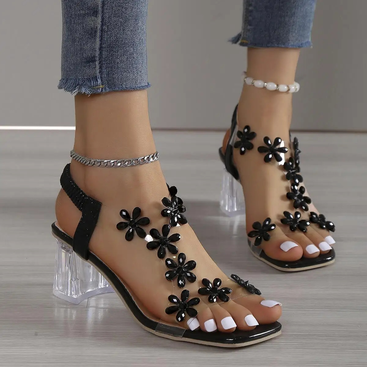 Transparent Heel Sandals For Women Summer High Heels 6cm Square Open Toe Woman Wedding Dress Shoes 42 240312