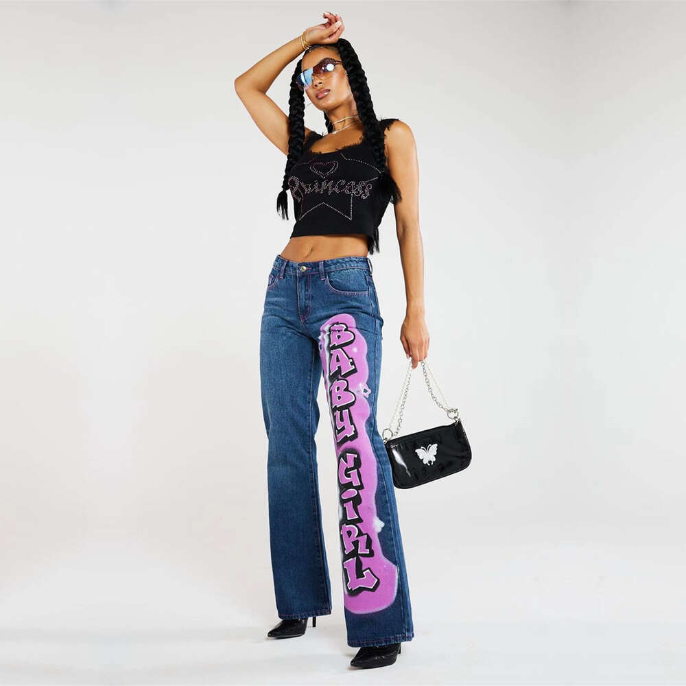 2024 New Personalized Street Letter Print Mid Waist Casual Straight Leg Jeans