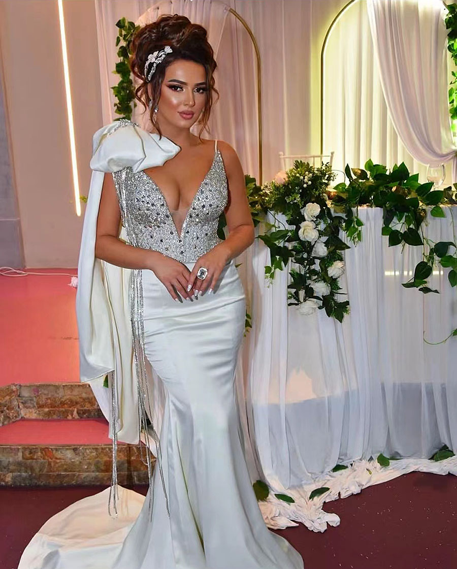 Shiny Sier Sequins Satin Evening Party Dresses Elegant Mermaid Prom Gown V Neck Sleeveless Bow Formal Ocn Dress Vestidos 326 Estidos Lz0304