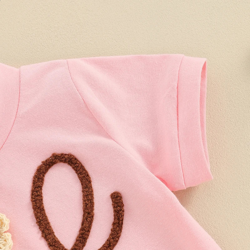 Pudcoco Girls Summer 2PCS Shorts Sets Short Sleeve Letter Flower Embroidery Tops Solid Color Sister Matching Outfits 240313