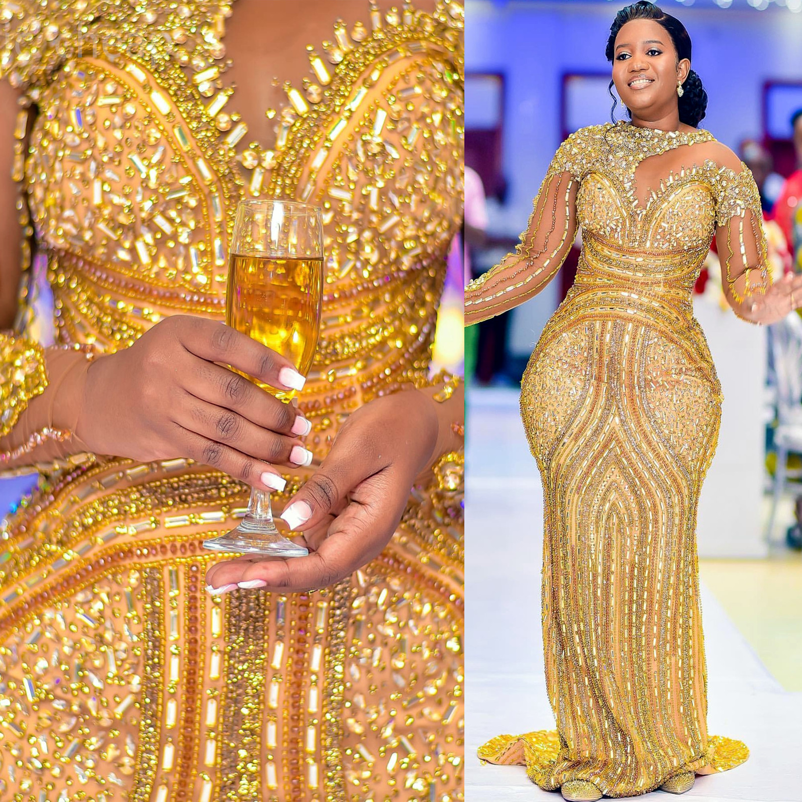 2024 Aso Ebi Gold Mermaid Prom Dress Luxurious Beaded Crystals Evening Formal Party Second Reception 50th Birthday Engagement Gowns Dresses Robe De So