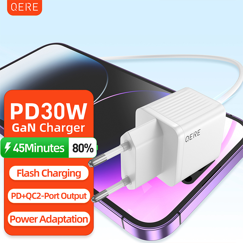 QERE 30W PD GaN Phone Universal Adapters EU Plug Safe Type C USB Intelligent Fast Charging Mini Portable Fast Charger