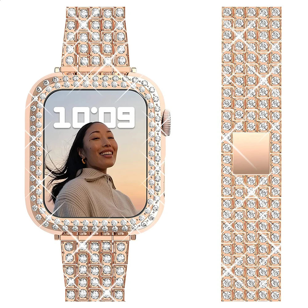 Womens Diamond Case Strap for Watch Band 7 6 41mm 45mm 38/42/40/44mm Metal Bracelet for iWatch Series SE 3 Jewelry Cover 240311