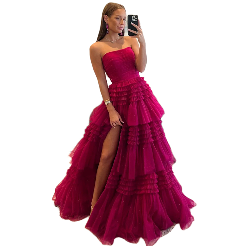 Sexy Side Split Long Fuia Prom Dresses Strapless or Length A e Tiered Pageant Birthday Party Dress For Women Black Girls Evening Gown Special Ocn Wear